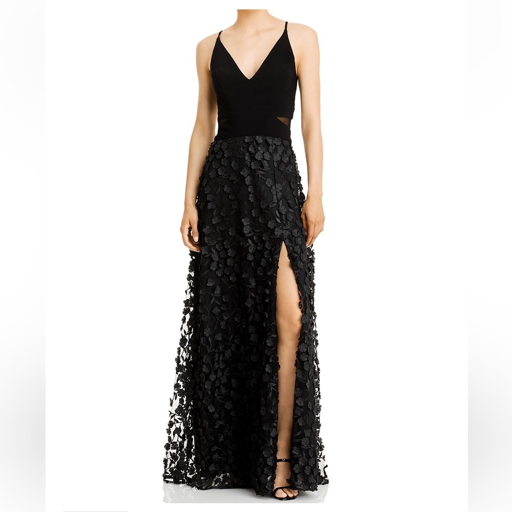Aqua Black Floral Applique Gown